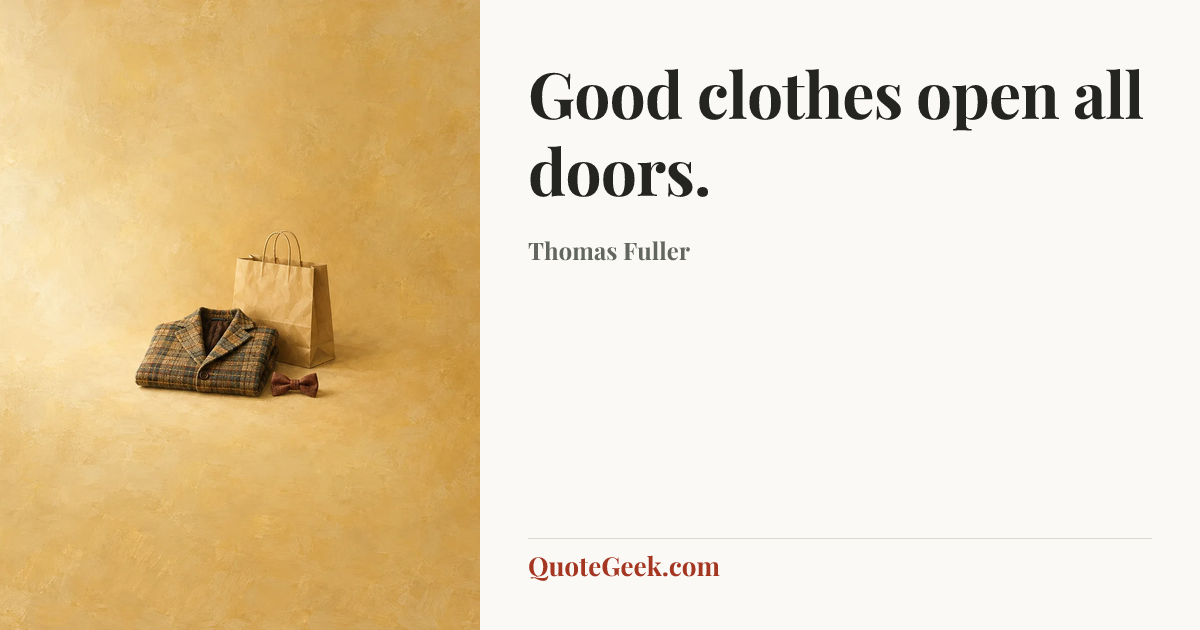 “Good clothes open all doors.” — Thomas Fuller. Illustrated QuoteGeek card.