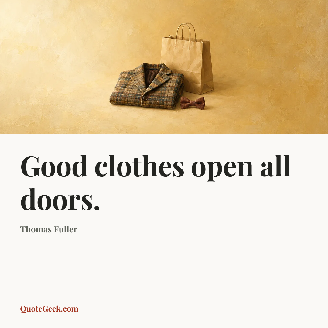 “Good clothes open all doors.” — Thomas Fuller. Illustrated QuoteGeek card.
