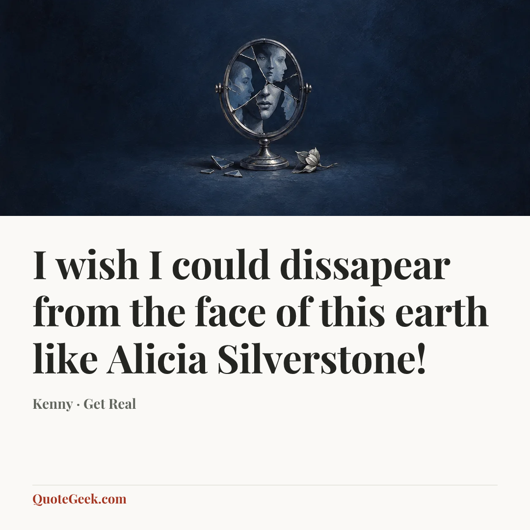 “I wish I could dissapear from the face of this earth like Alicia Silverstone!” — Kenny · Get Real. Illustrated QuoteGeek card.