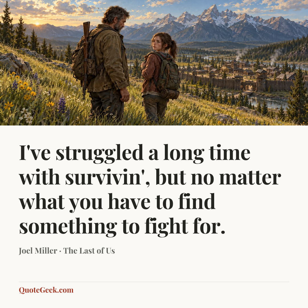 “I've struggled a long time with survivin', but no matter what you have to find something to fight for.” — Joel Miller · The Last of Us. Illustrated QuoteGeek card.