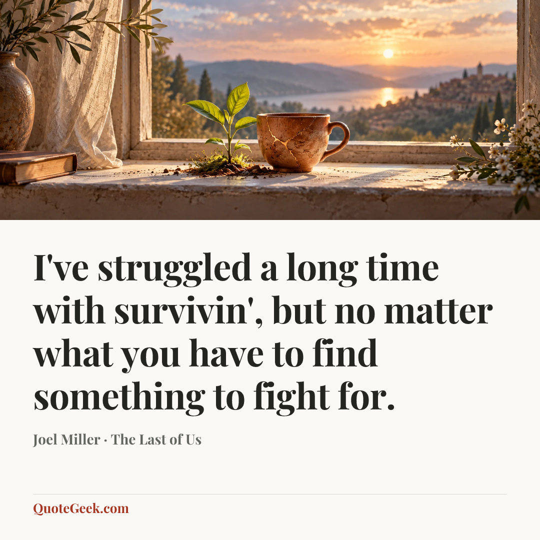 “I've struggled a long time with survivin', but no matter what you have to find something to fight for.” — Joel Miller · The Last of Us. Illustrated QuoteGeek card.