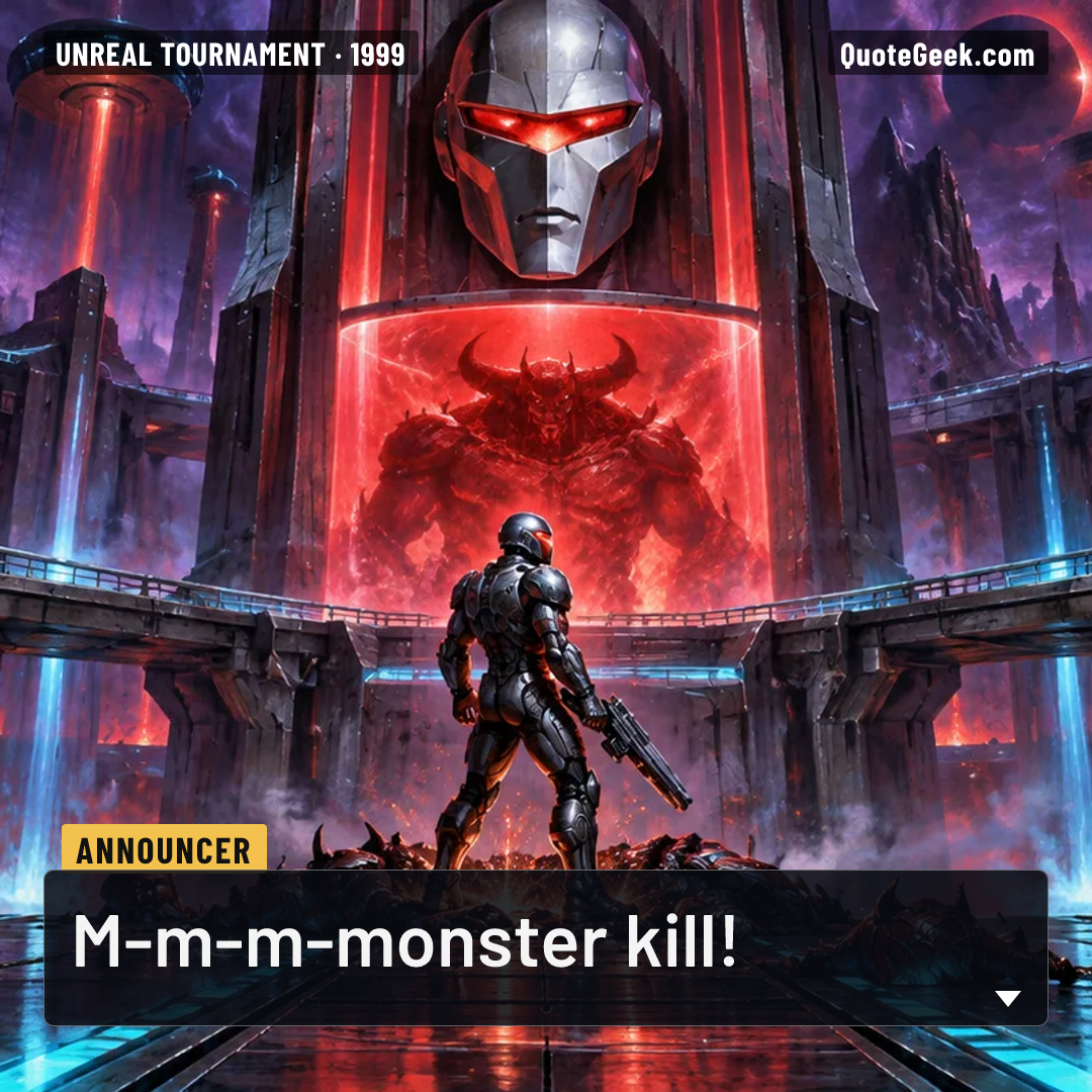 “M-m-m-monster kill!” — Announcer · Unreal Tournament. Illustrated QuoteGeek card.
