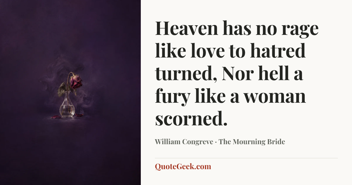 “Heaven has no rage like love to hatred turned,
Nor hell a fury like a woman scorned.” — William Congreve · The Mourning Bride. Illustrated QuoteGeek card.