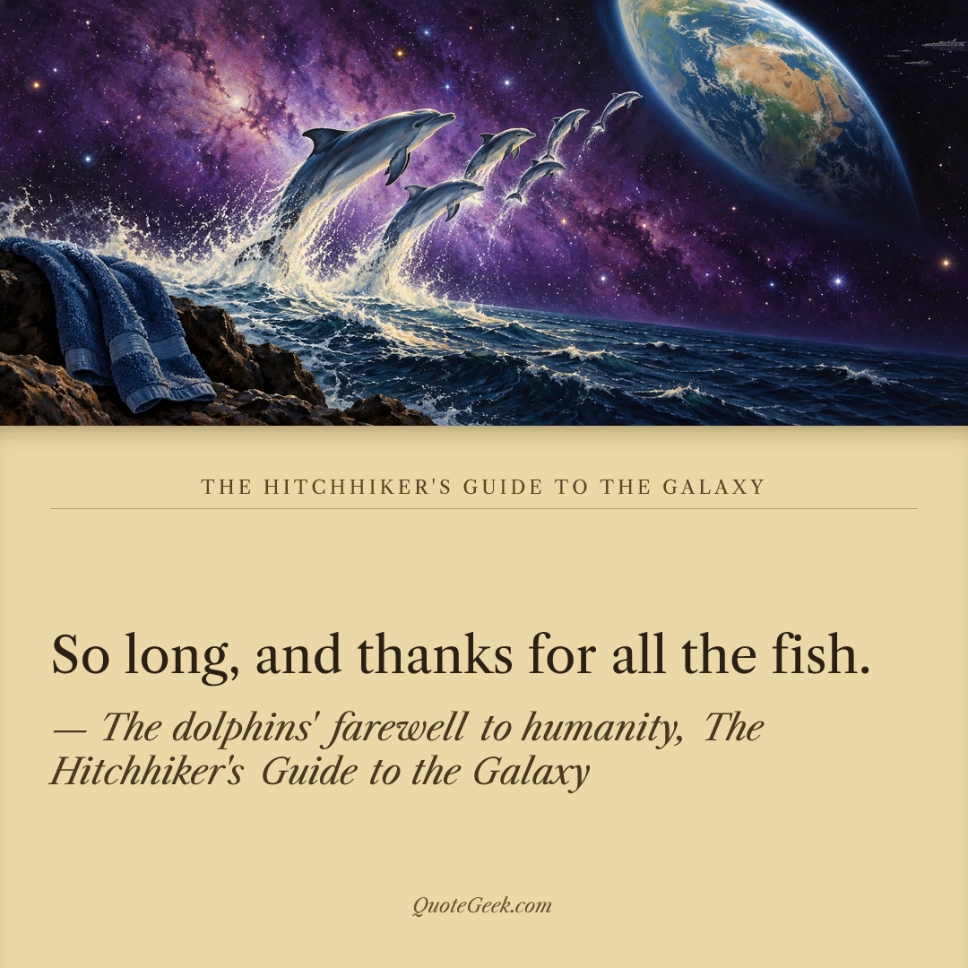 “So long, and thanks for all the fish.” — The dolphins' farewell to humanity, The Hitchhiker's Guide to the Galaxy · The Hitchhiker's Guide to the Galaxy. Illustrated QuoteGeek card.