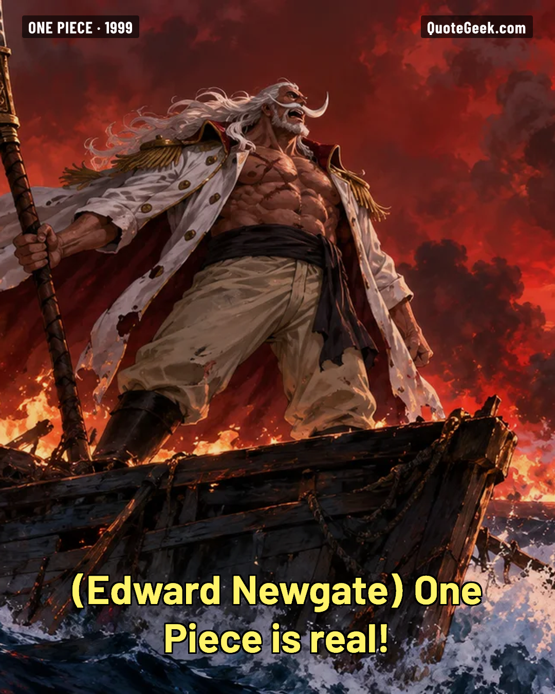 “One Piece is real!” — Edward Newgate · One Piece. Illustrated QuoteGeek card.