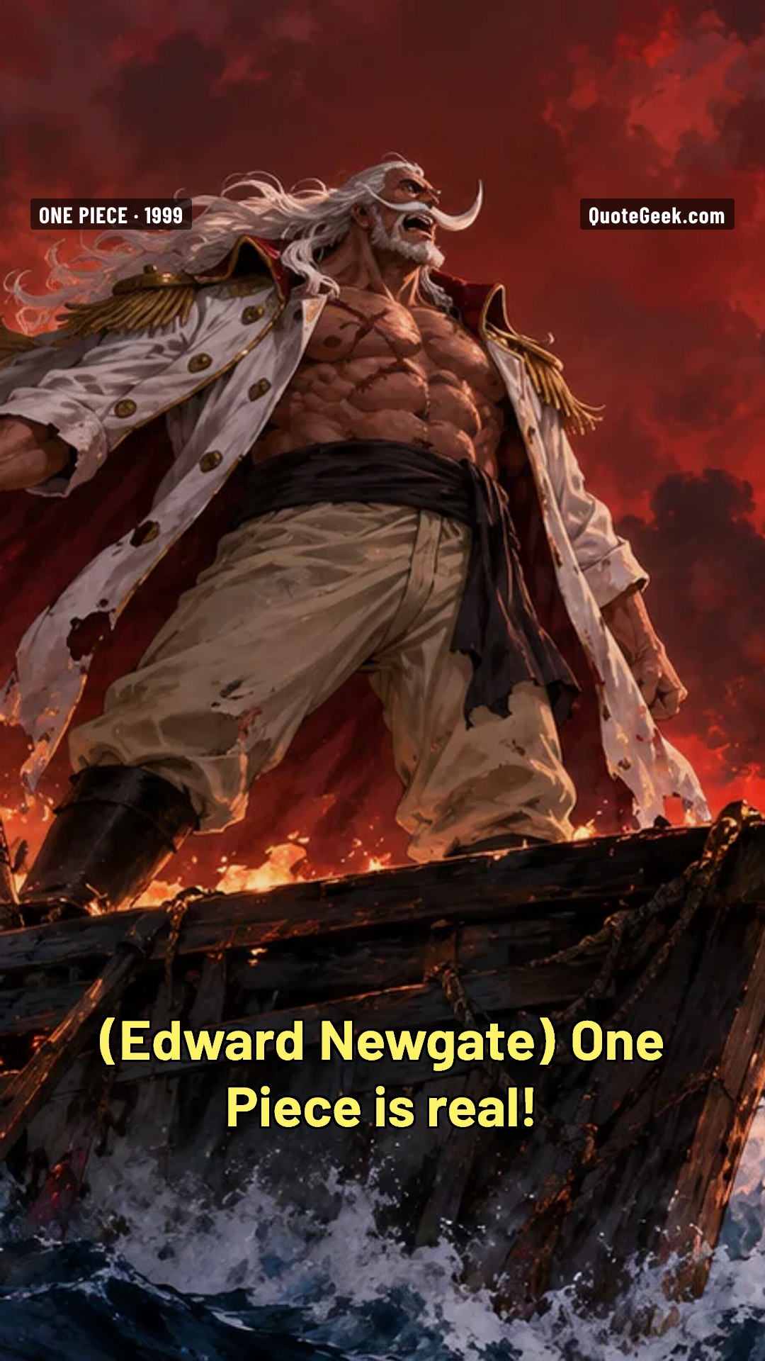 “One Piece is real!” — Edward Newgate · One Piece. Illustrated QuoteGeek card.