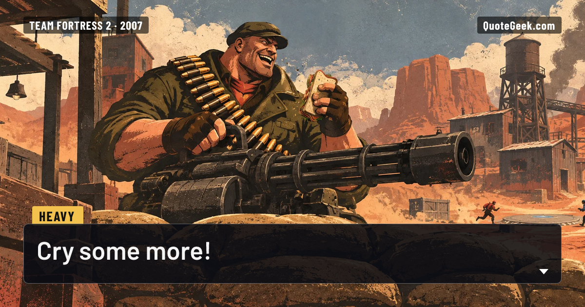 “Cry some more!” — Heavy · Team Fortress 2. Illustrated QuoteGeek card.