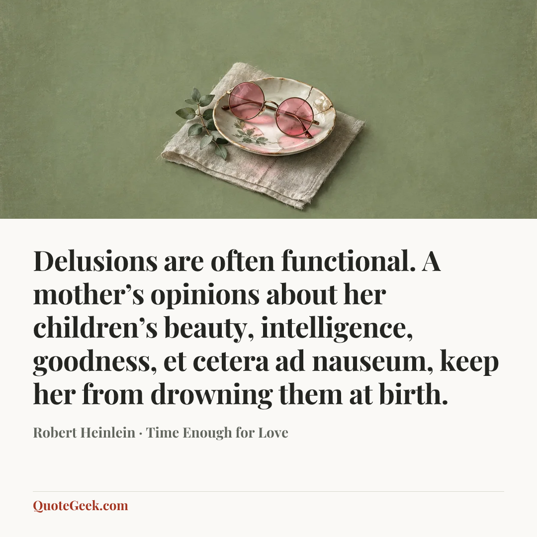 “Delusions are often functional. A mother’s opinions about her children’s beauty, intelligence, goodness, et cetera ad nauseum, keep her from drowning them at birth.” — Robert Heinlein · Time Enough for Love. Illustrated QuoteGeek card.