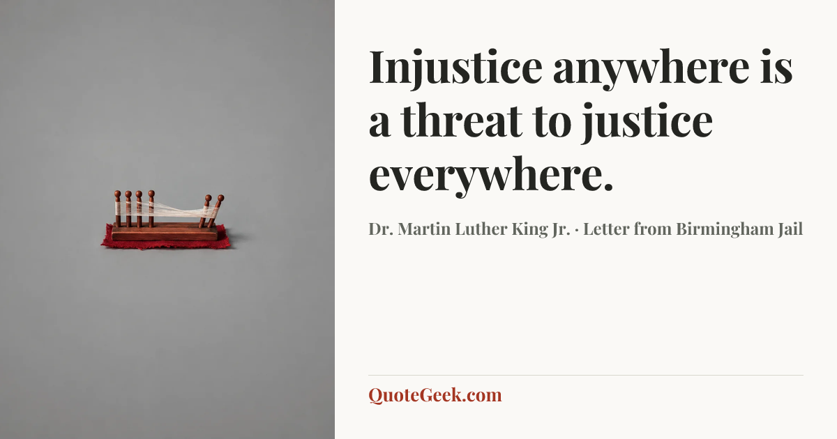 “Injustice anywhere is a threat to justice everywhere.” — Dr. Martin Luther King Jr. · Letter from Birmingham Jail. Illustrated QuoteGeek card.