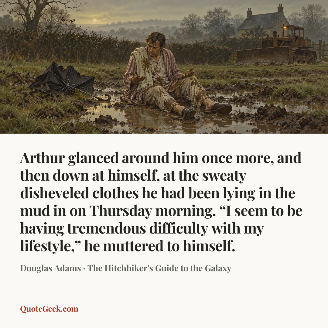 “Arthur glanced around him once more, and then down at himself, at the sweaty disheveled clothes he had been lying in the mud in on Thursday morning. “I seem to be having tremendous difficulty with my lifestyle,” he muttered to himself.” — Douglas Adams · The Hitchhiker's Guide to the Galaxy. Illustrated QuoteGeek card.