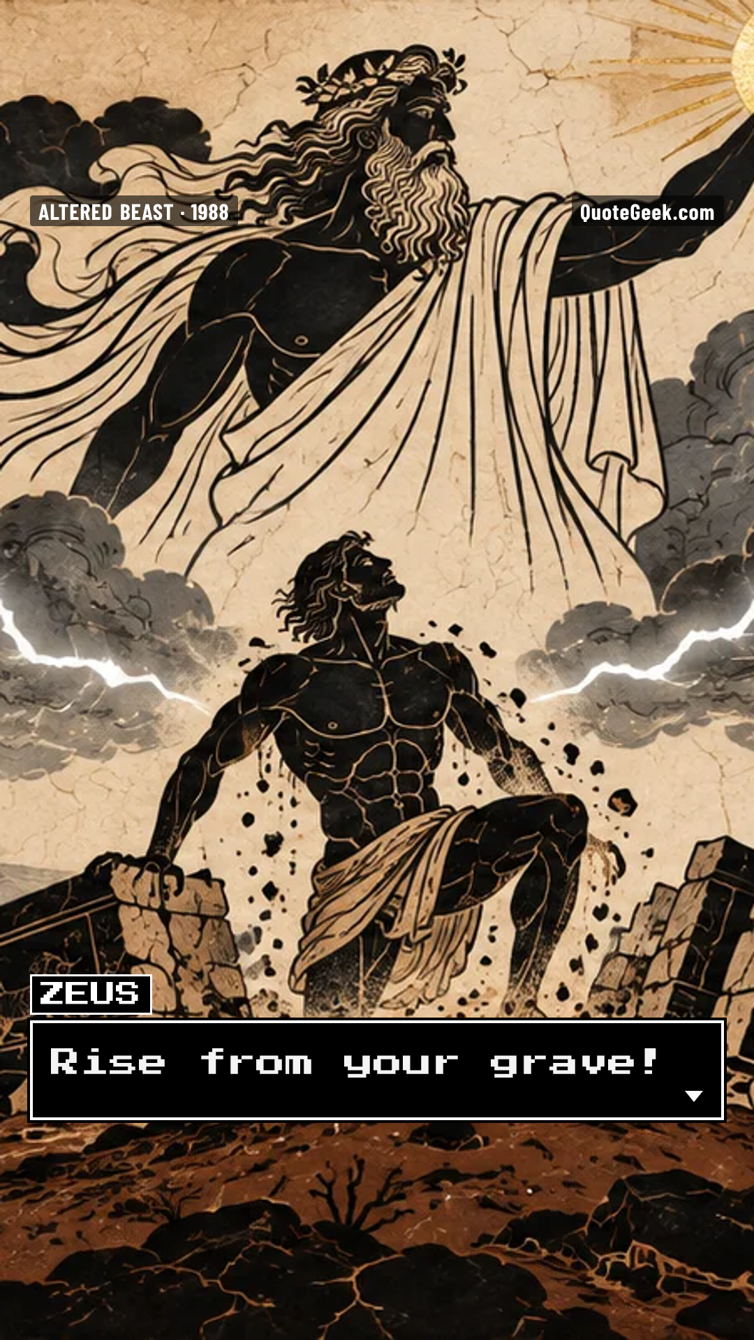 “Rise from your grave!” — Zeus · Altered Beast. Illustrated QuoteGeek card.