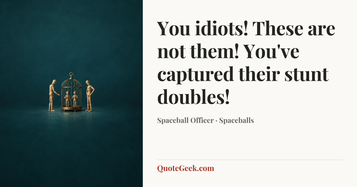 “You idiots! These are not them! You've captured their stunt doubles!” — Spaceball Officer · Spaceballs. Illustrated QuoteGeek card.