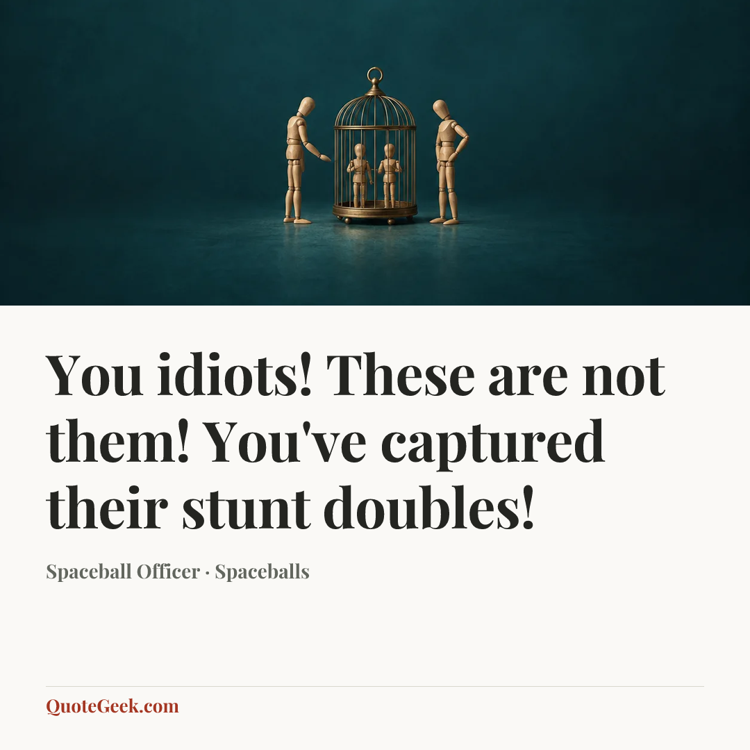 “You idiots! These are not them! You've captured their stunt doubles!” — Spaceball Officer · Spaceballs. Illustrated QuoteGeek card.