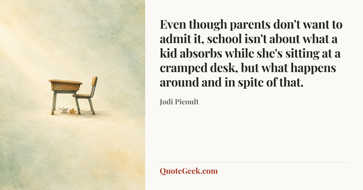 “Even though parents don't want to admit it, school isn't about what a kid absorbs while she's sitting at a cramped desk, but what happens around and in spite of that.” — Jodi Picoult. Illustrated QuoteGeek card.