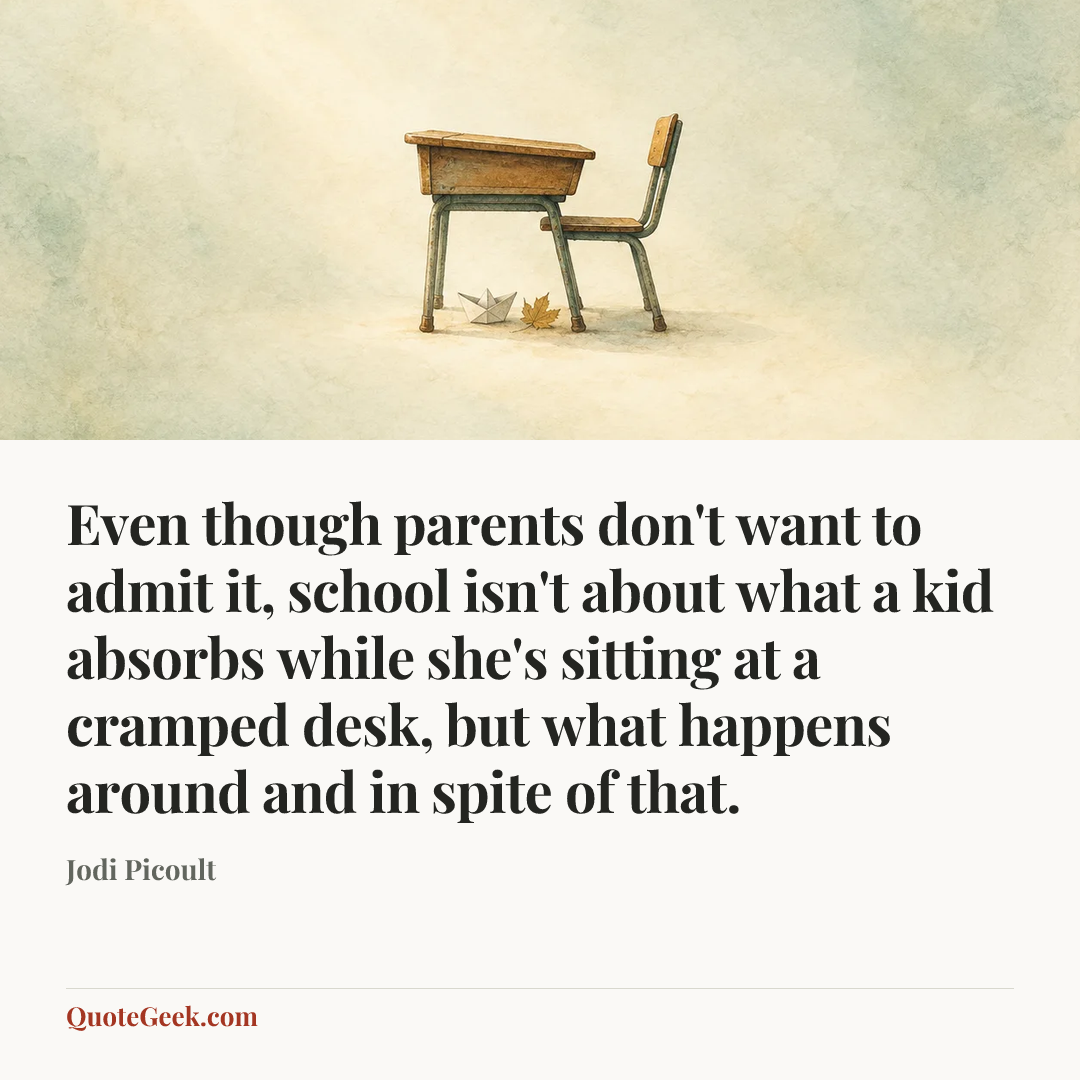 “Even though parents don't want to admit it, school isn't about what a kid absorbs while she's sitting at a cramped desk, but what happens around and in spite of that.” — Jodi Picoult. Illustrated QuoteGeek card.