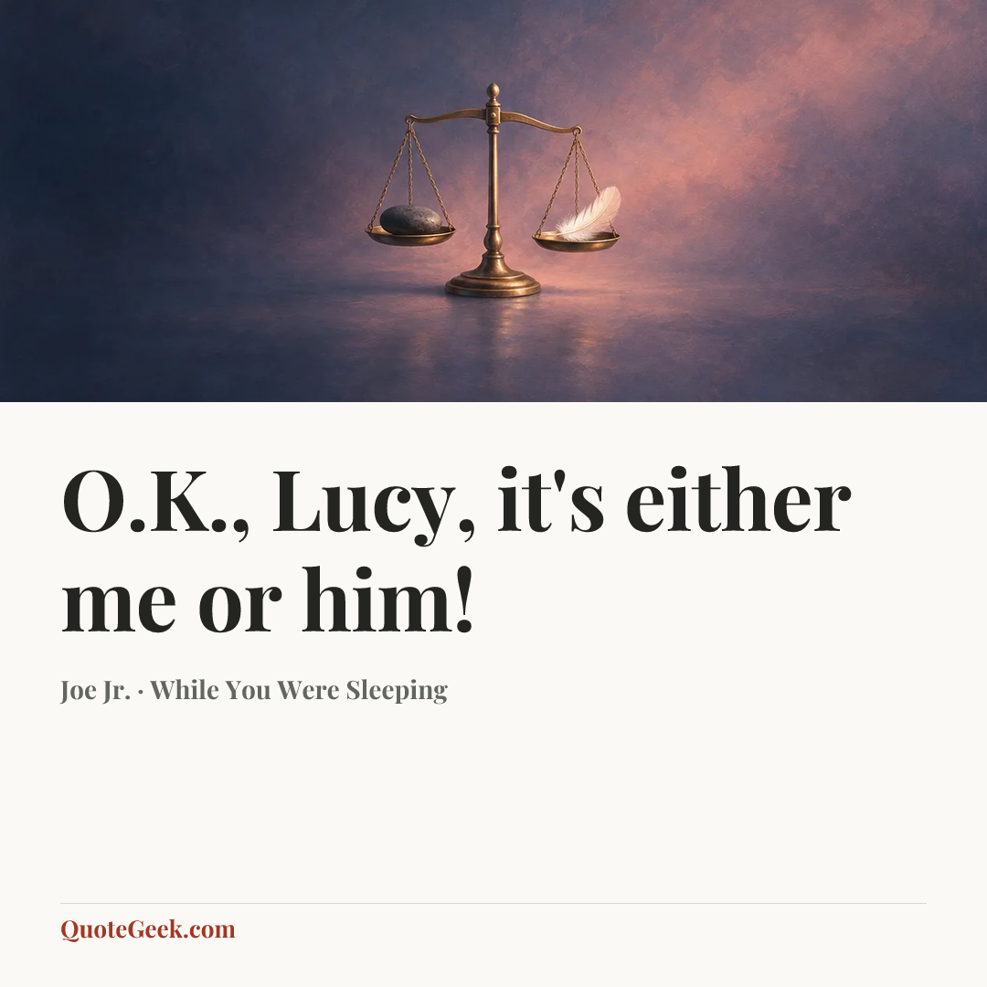 “O.K., Lucy, it's either me or him!” — Joe Jr. · While You Were Sleeping. Illustrated QuoteGeek card.