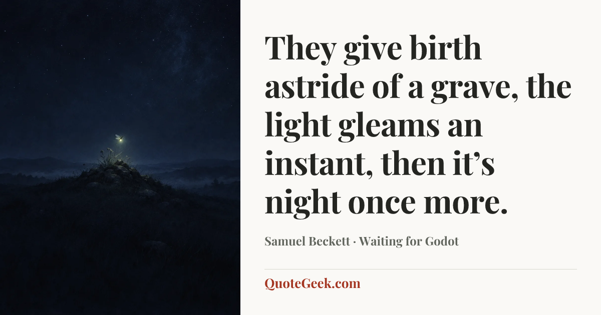 “They give birth astride of a grave, the light gleams an instant, then it’s night once more.” — Samuel Beckett · Waiting for Godot. Illustrated QuoteGeek card.