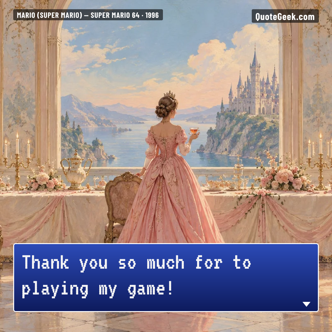 “Thank you so much for to playing my game!” — Mario (Super Mario) · Super Mario 64. Illustrated QuoteGeek card.