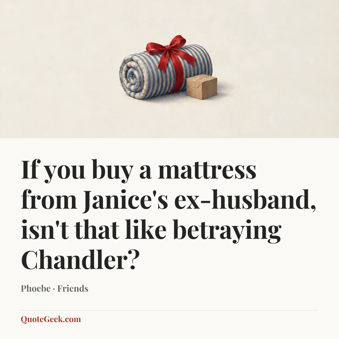 “If you buy a mattress from Janice's ex-husband, isn't that like betraying Chandler?” — Phoebe · Friends. Illustrated QuoteGeek card.