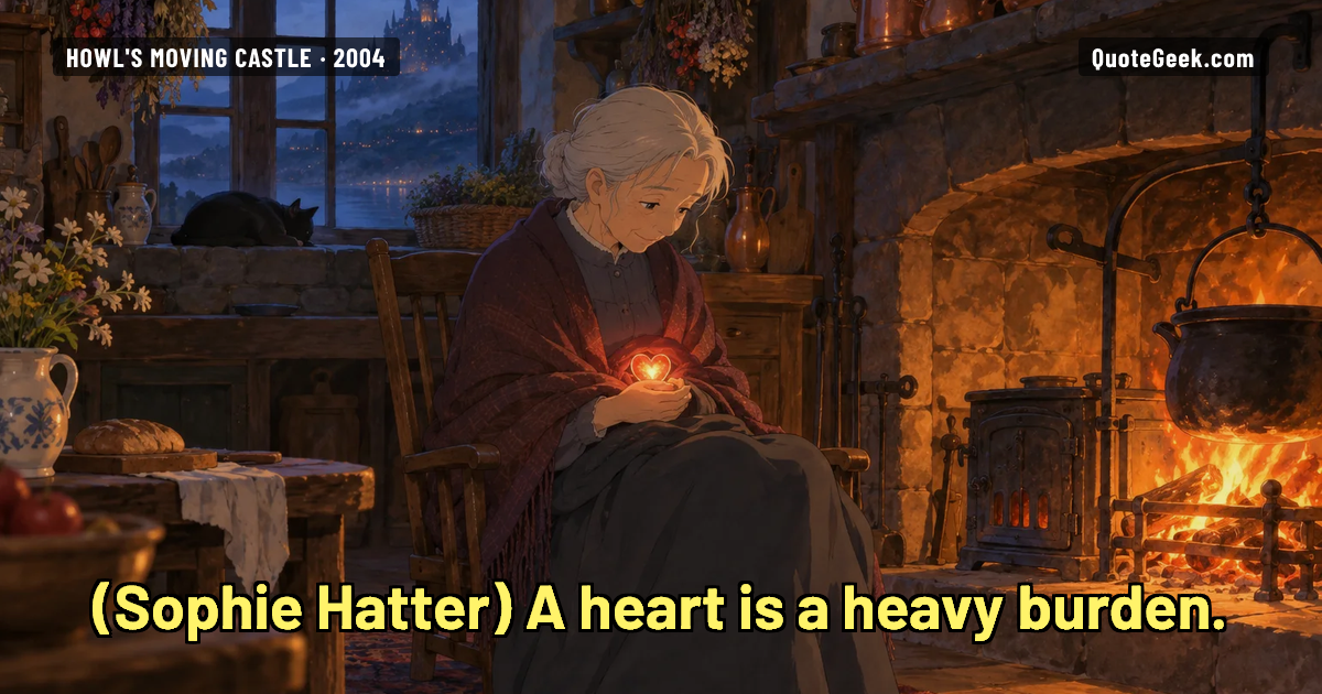 “A heart is a heavy burden.” — Sophie Hatter · Howl's Moving Castle. Illustrated QuoteGeek card.