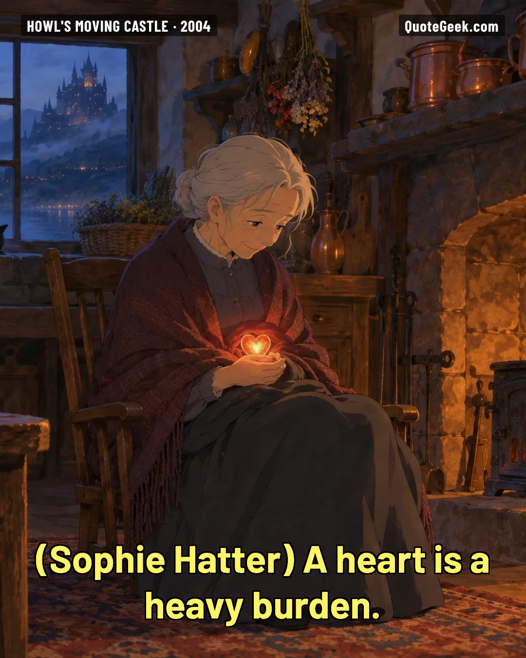“A heart is a heavy burden.” — Sophie Hatter · Howl's Moving Castle. Illustrated QuoteGeek card.