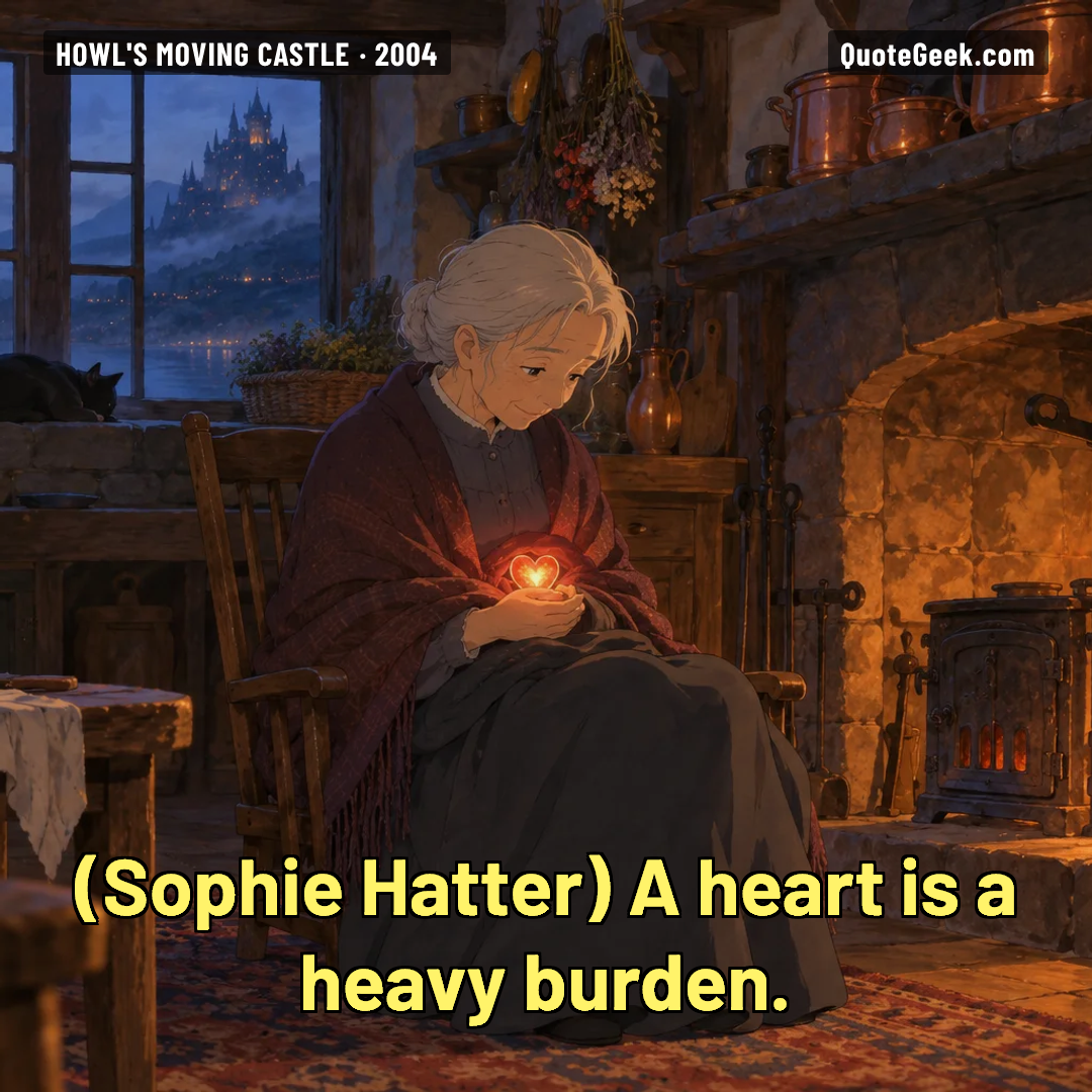 “A heart is a heavy burden.” — Sophie Hatter · Howl's Moving Castle. Illustrated QuoteGeek card.