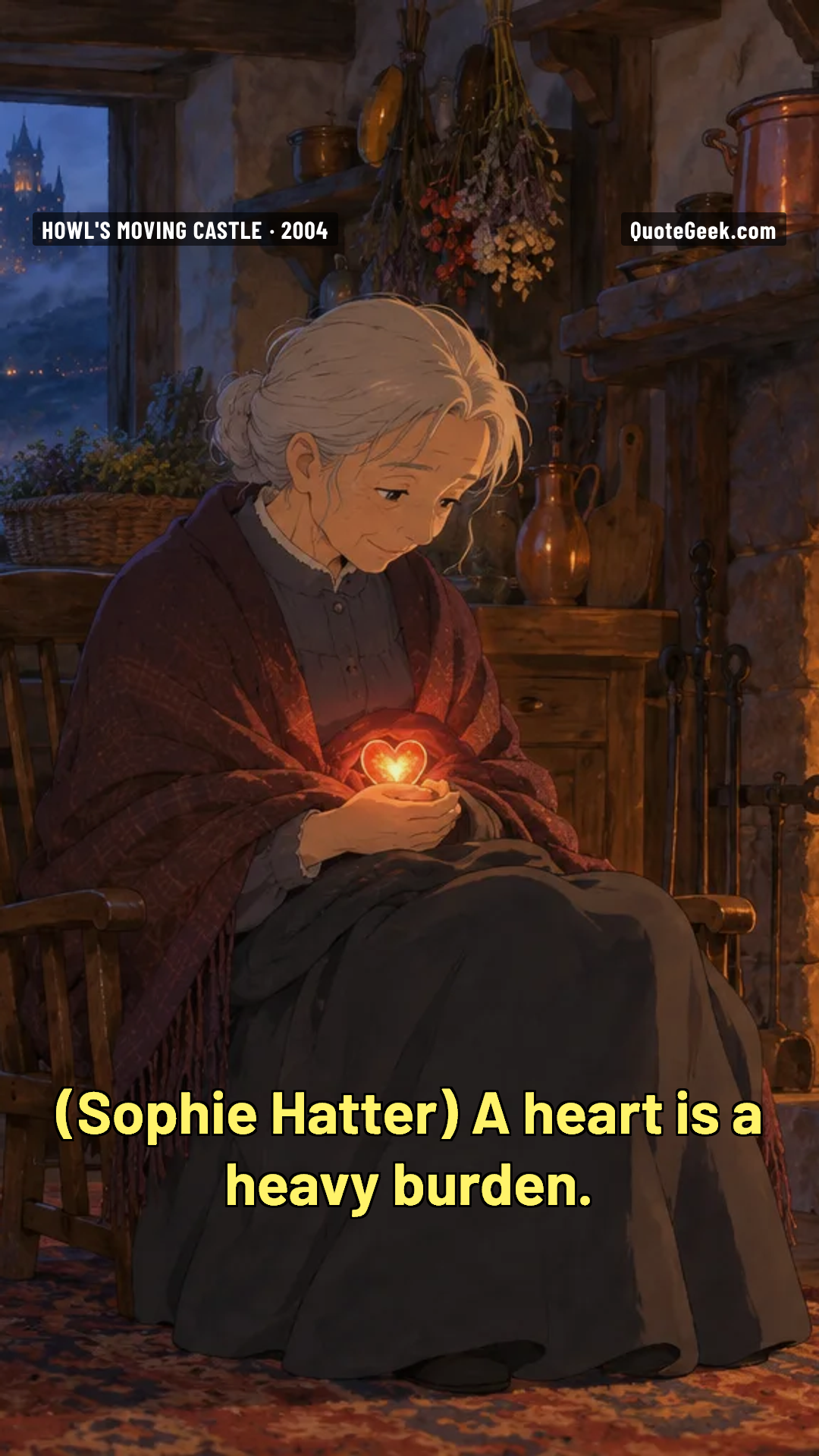 “A heart is a heavy burden.” — Sophie Hatter · Howl's Moving Castle. Illustrated QuoteGeek card.