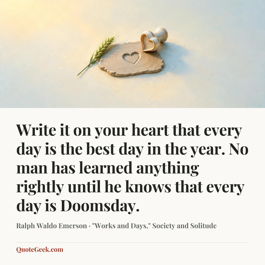 “Write it on your heart that every day is the best day in the year. No man has learned anything rightly until he knows that every day is Doomsday.” — Ralph Waldo Emerson · "Works and Days," Society and Solitude. Illustrated QuoteGeek card.