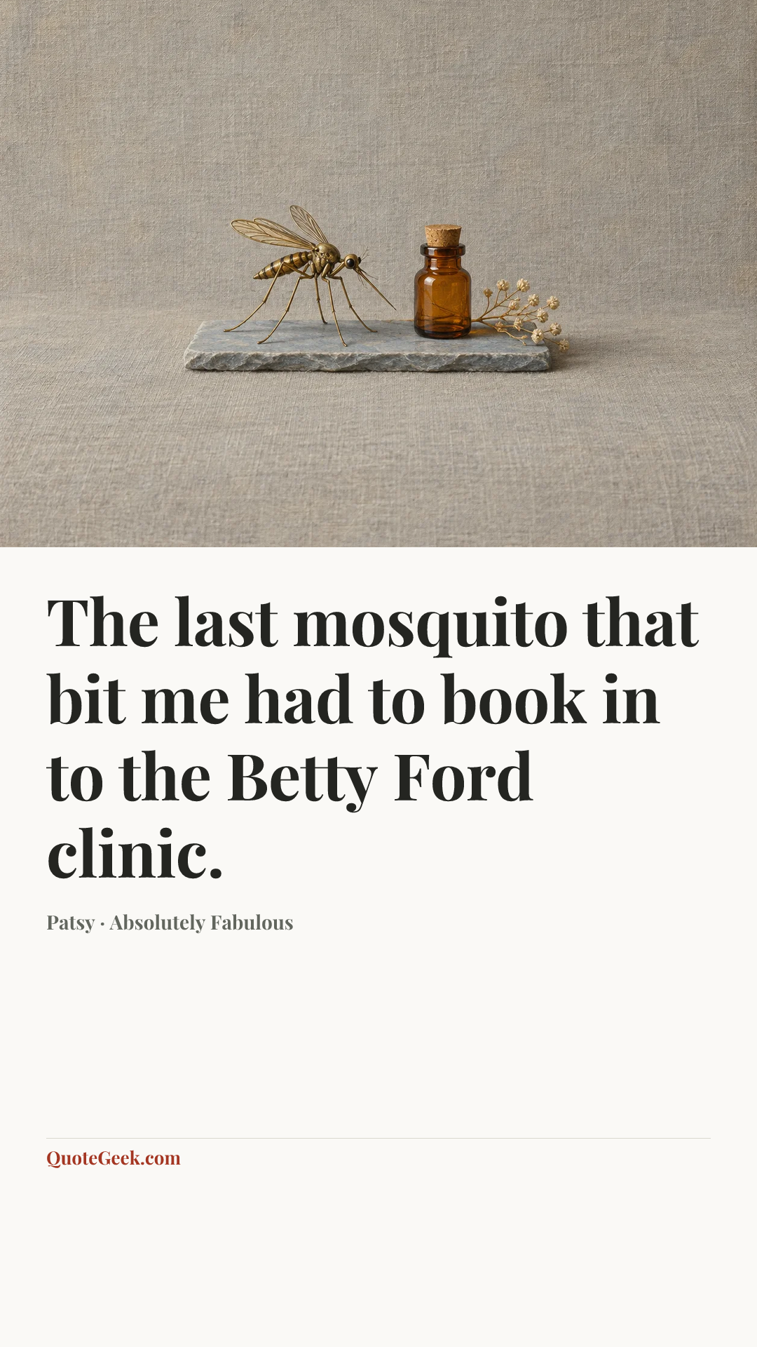 “The last mosquito that bit me had to book in to the Betty Ford clinic.” — Patsy · Absolutely Fabulous. Illustrated QuoteGeek card.