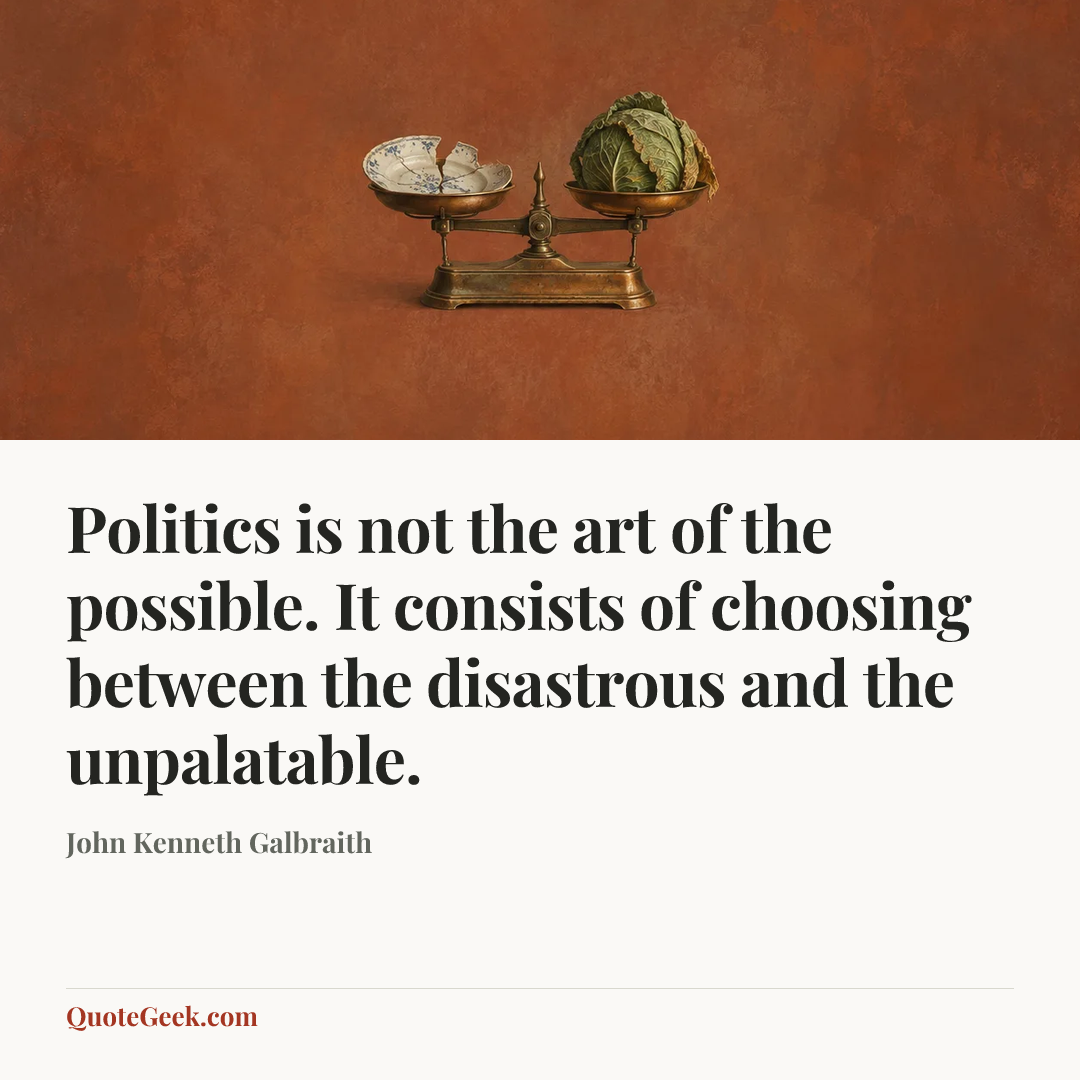 “Politics is not the art of the possible. It consists of choosing between the disastrous and the unpalatable.” — John Kenneth Galbraith. Illustrated QuoteGeek card.