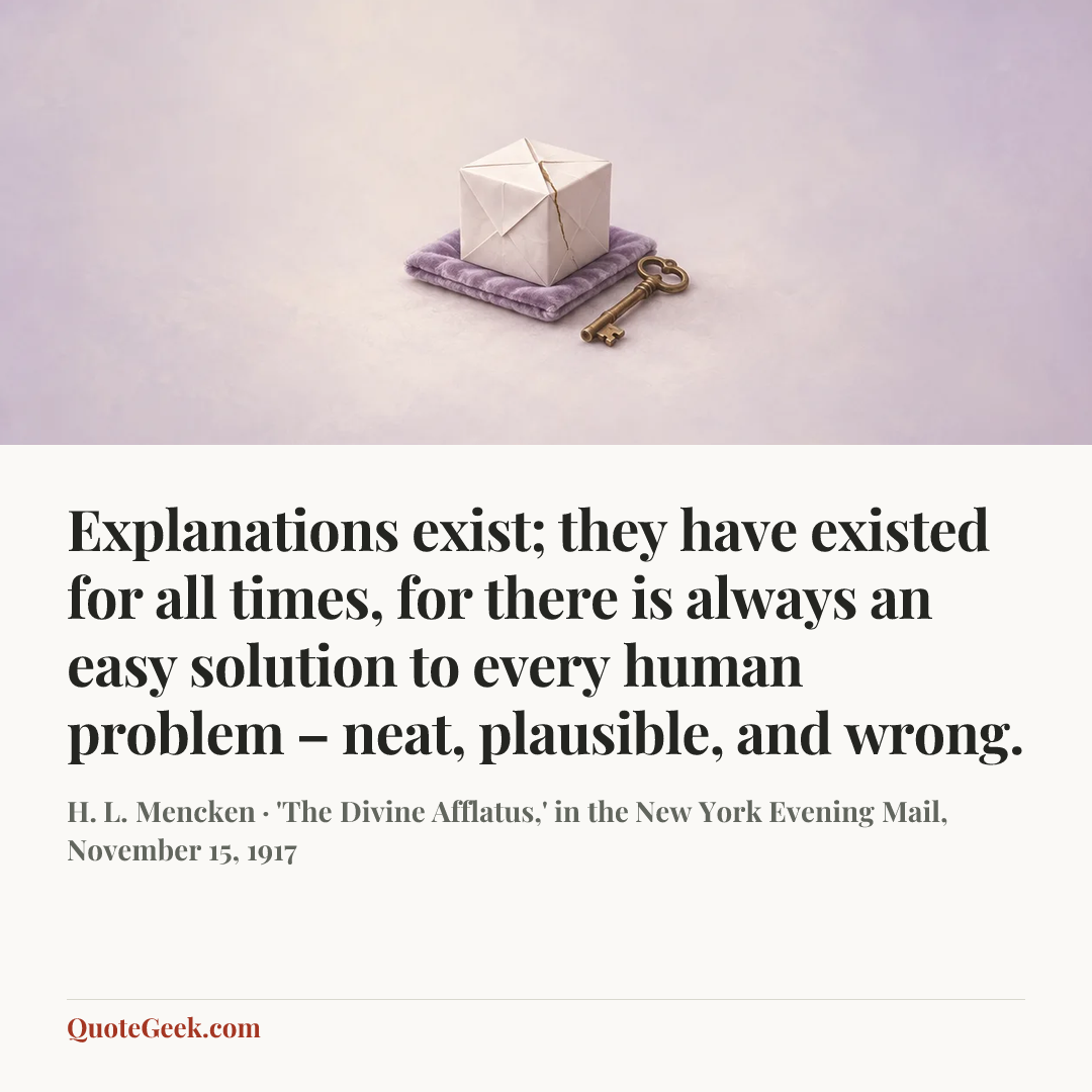 “Explanations exist; they have existed for all times, for there is always an easy solution to every human problem – neat, plausible, and wrong.” — H. L. Mencken · 'The Divine Afflatus,' in the New York Evening Mail, November 15, 1917. Illustrated QuoteGeek card.
