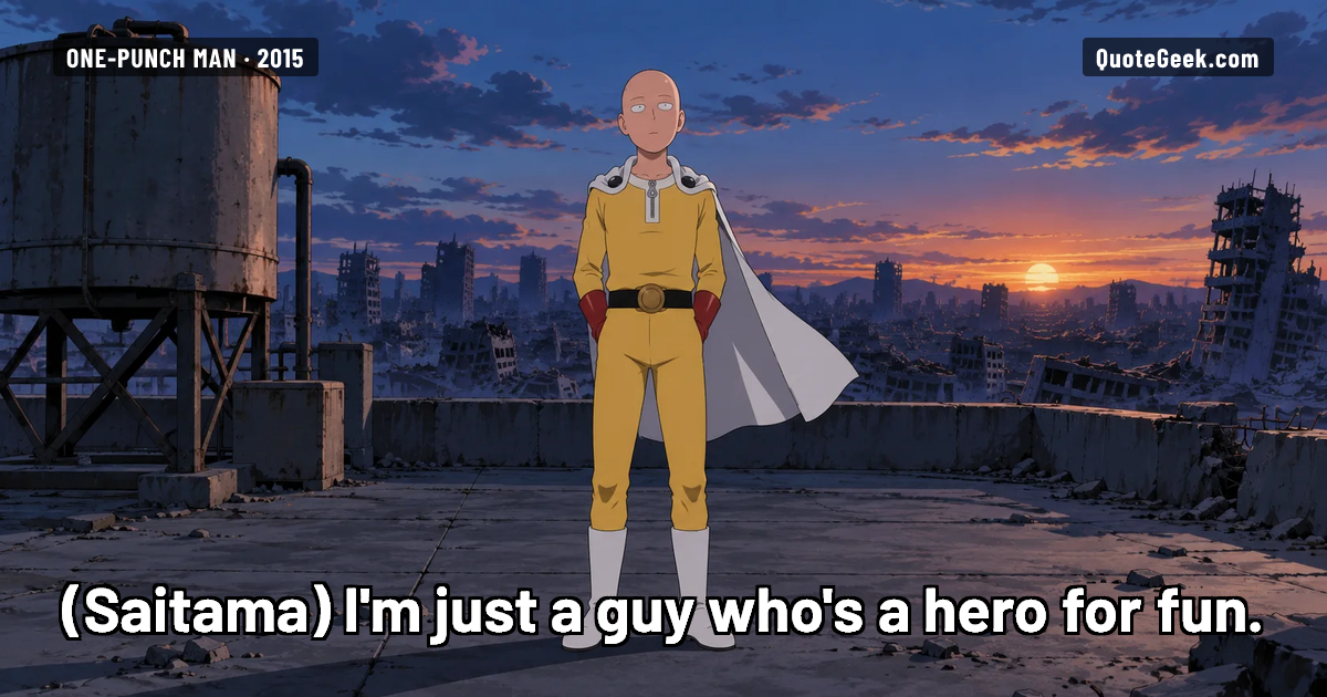 “I'm just a guy who's a hero for fun.” — Saitama · One-Punch Man. Illustrated QuoteGeek card.