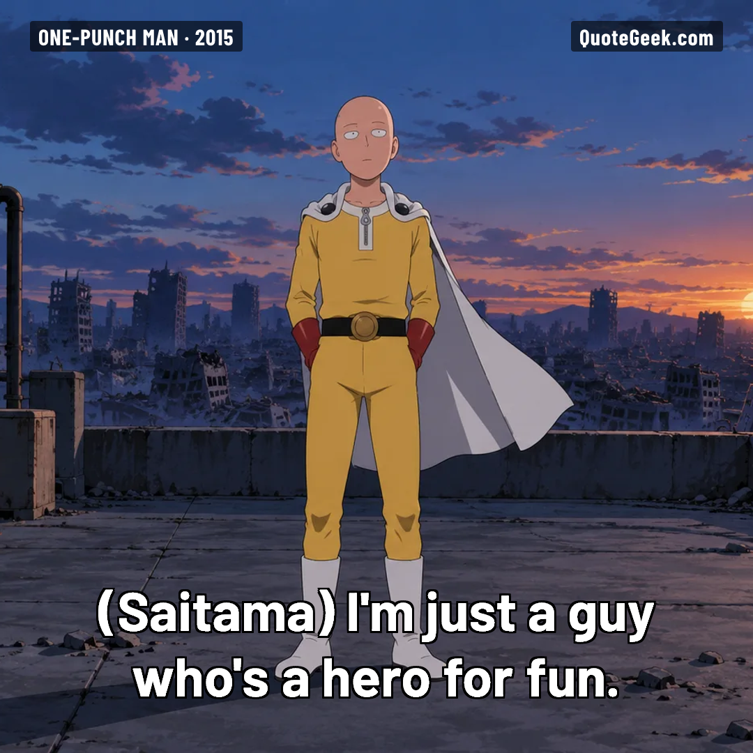 “I'm just a guy who's a hero for fun.” — Saitama · One-Punch Man. Illustrated QuoteGeek card.