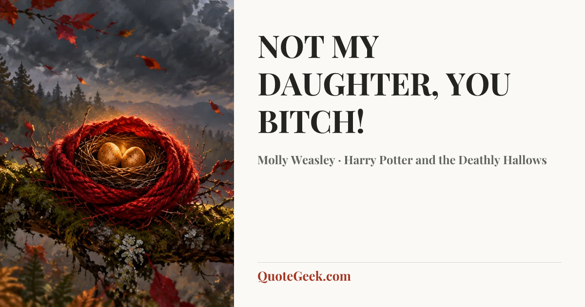 “NOT MY DAUGHTER, YOU BITCH!” — Molly Weasley · Harry Potter and the Deathly Hallows. Illustrated QuoteGeek card.