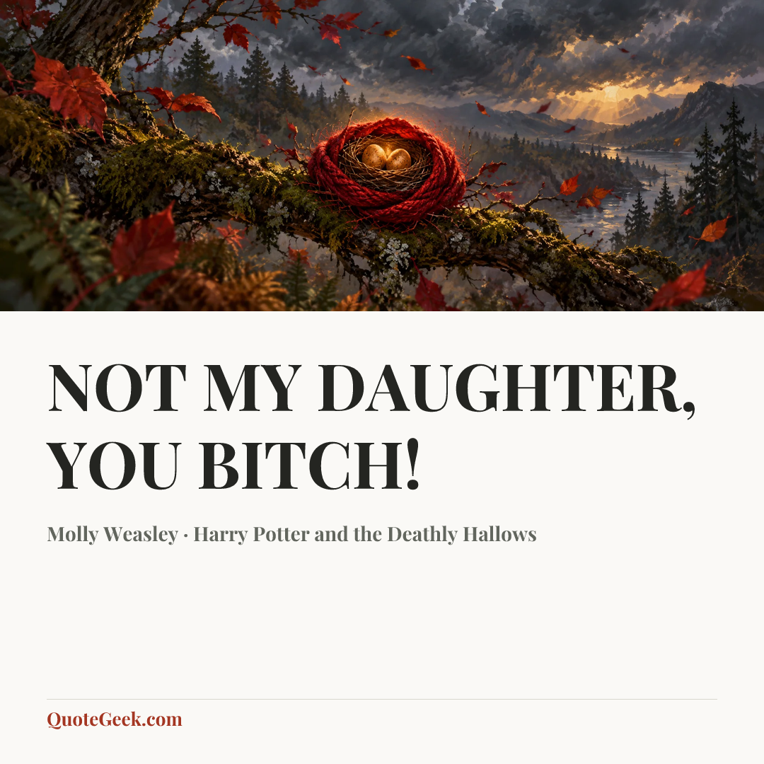 “NOT MY DAUGHTER, YOU BITCH!” — Molly Weasley · Harry Potter and the Deathly Hallows. Illustrated QuoteGeek card.