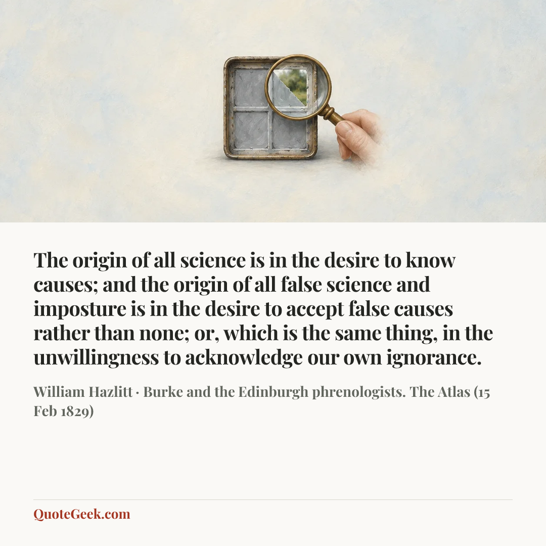 “The origin of all science is in the desire to know causes; and the origin of all false science and imposture is in the desire to accept false causes rather than none; or, which is the same thing, in the unwillingness to acknowledge our own ignorance.” — William Hazlitt · Burke and the Edinburgh phrenologists. The Atlas (15 Feb 1829). Illustrated QuoteGeek card.