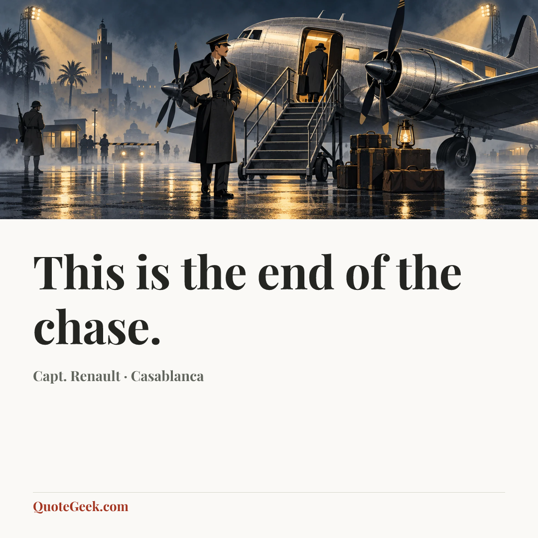 “This is the end of the chase.” — Capt. Renault · Casablanca. Illustrated QuoteGeek card.