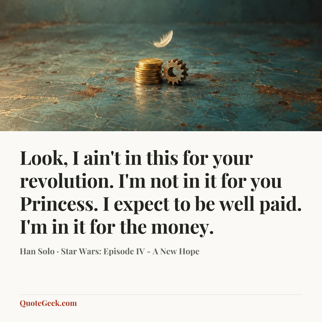 “Look, I ain't in this for your revolution. I'm not in it for you Princess. I expect to be well paid. I'm in it for the money.” — Han Solo · Star Wars: Episode IV - A New Hope. Illustrated QuoteGeek card.