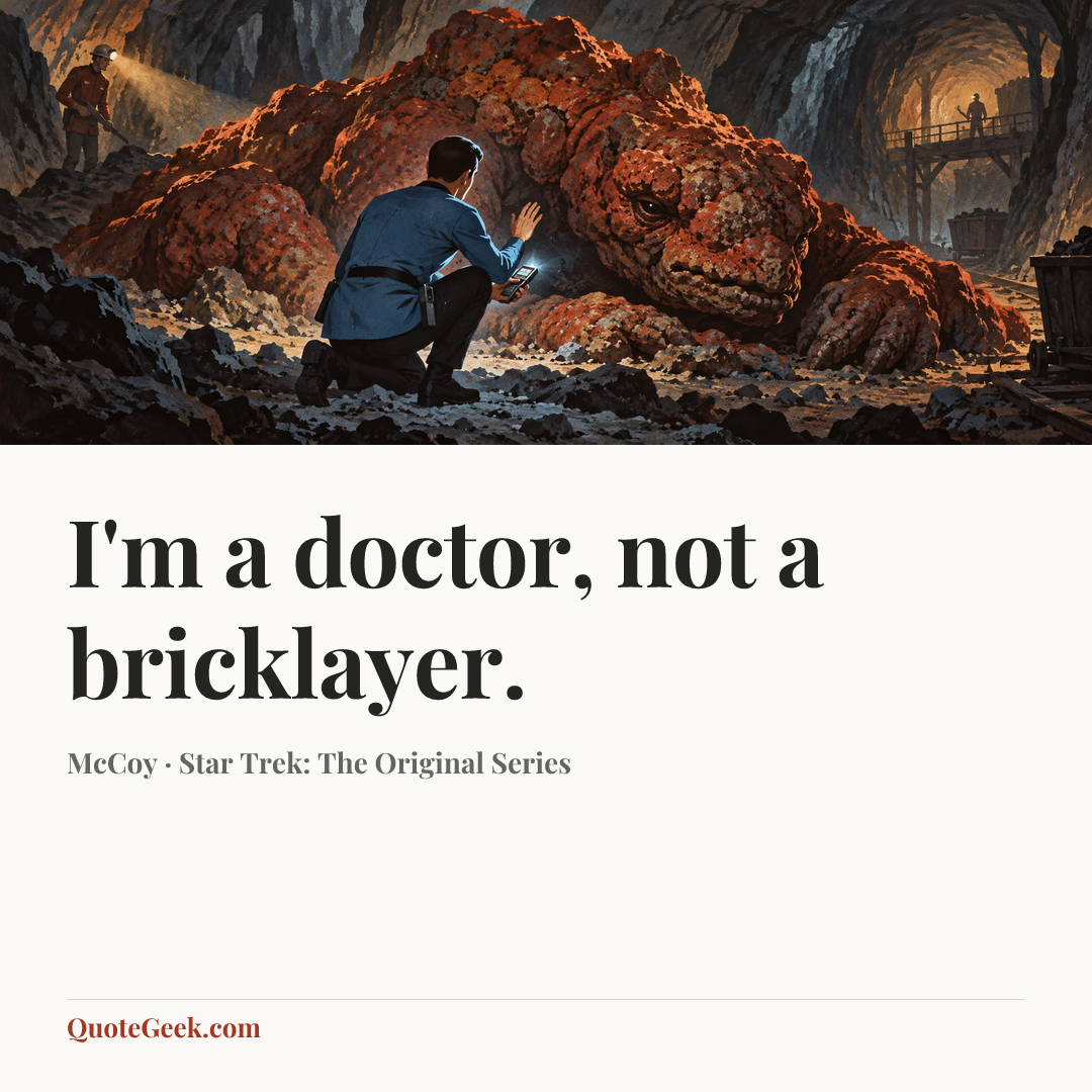 “I'm a doctor, not a bricklayer.” — McCoy · Star Trek: The Original Series. Illustrated QuoteGeek card.