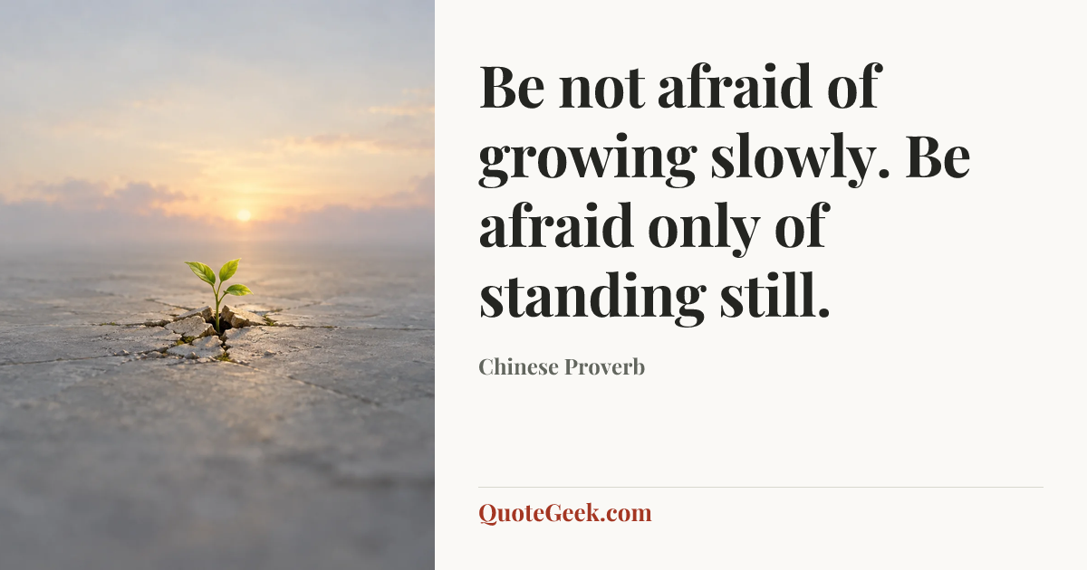 “Be not afraid of growing slowly.
Be afraid only of standing still.” — Chinese Proverb. Illustrated QuoteGeek card.