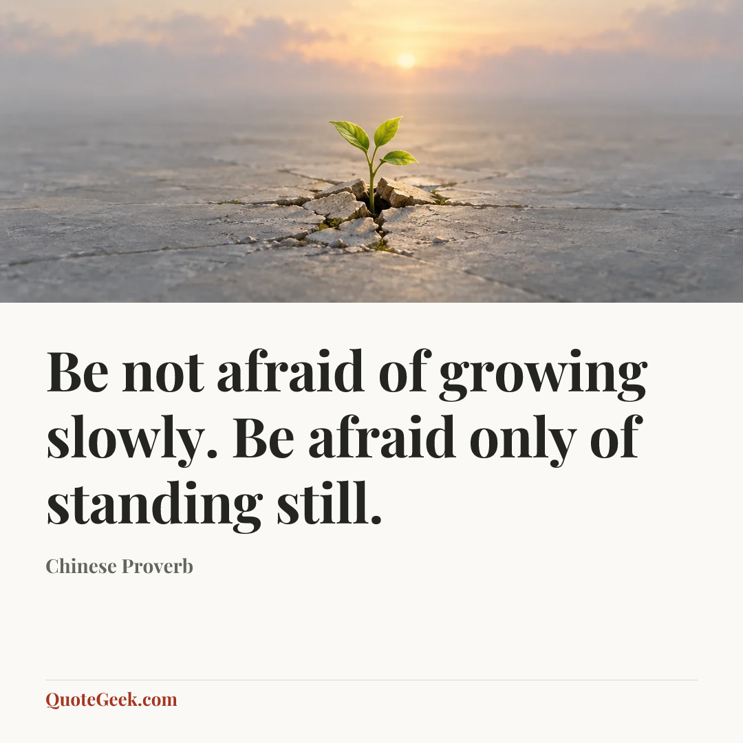 “Be not afraid of growing slowly.
Be afraid only of standing still.” — Chinese Proverb. Illustrated QuoteGeek card.