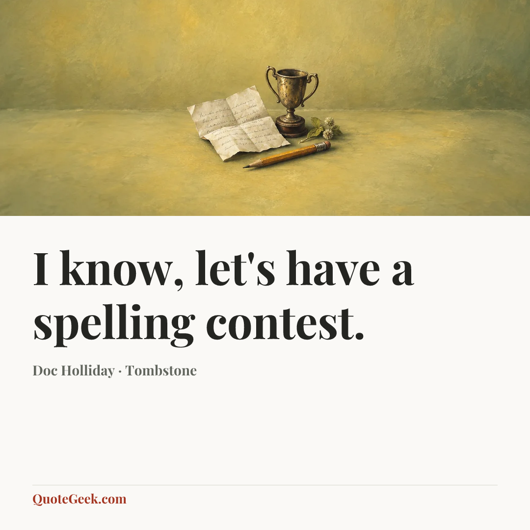 “I know, let's have a spelling contest.” — Doc Holliday · Tombstone. Illustrated QuoteGeek card.