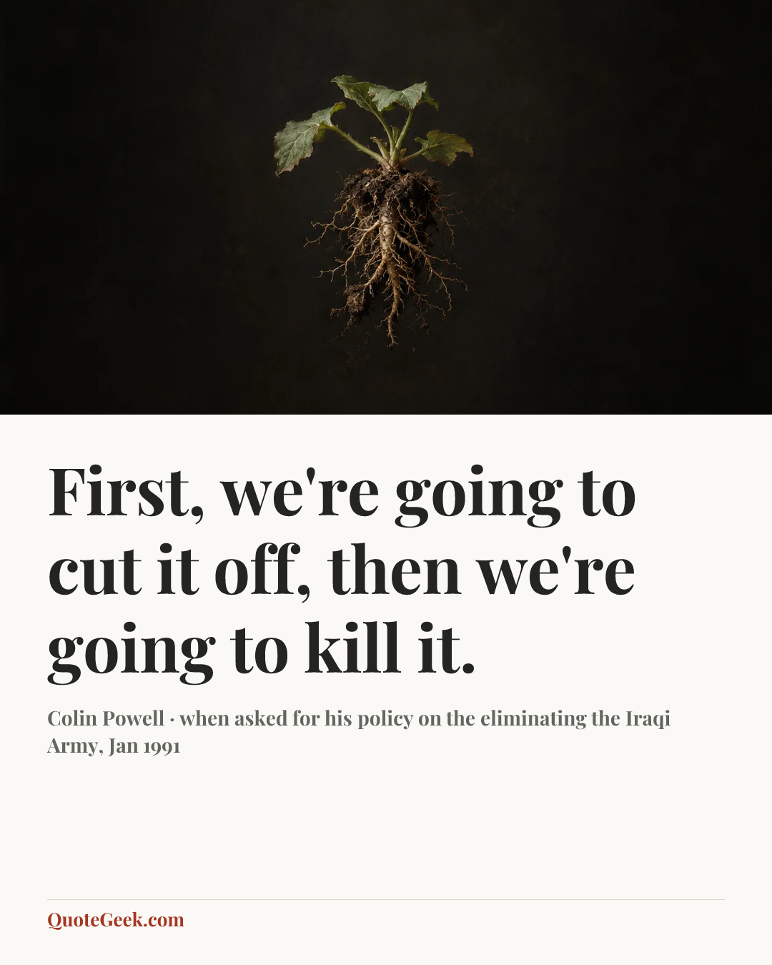“First, we're going to cut it off, then we're going to kill it.” — Colin Powell · when asked for his policy on the eliminating the Iraqi Army, Jan 1991. Illustrated QuoteGeek card.