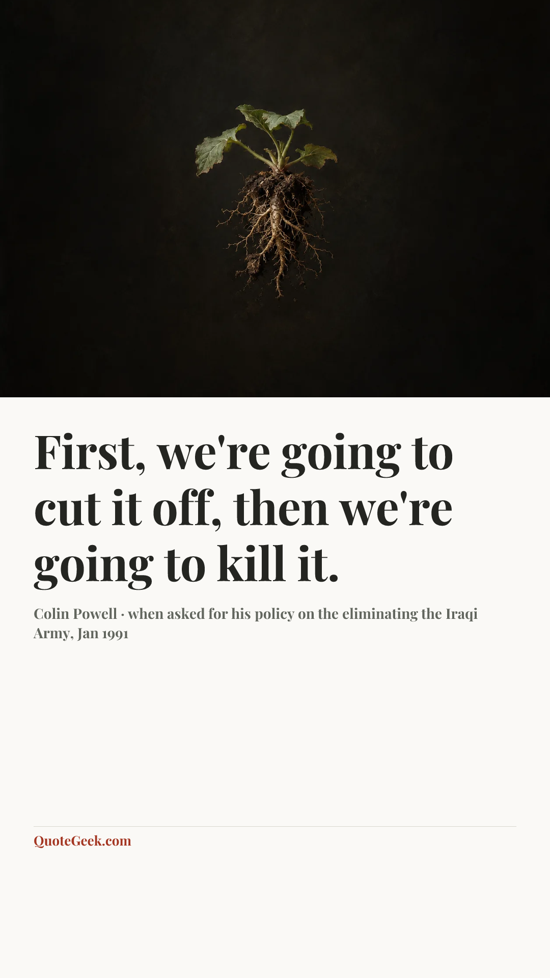 “First, we're going to cut it off, then we're going to kill it.” — Colin Powell · when asked for his policy on the eliminating the Iraqi Army, Jan 1991. Illustrated QuoteGeek card.