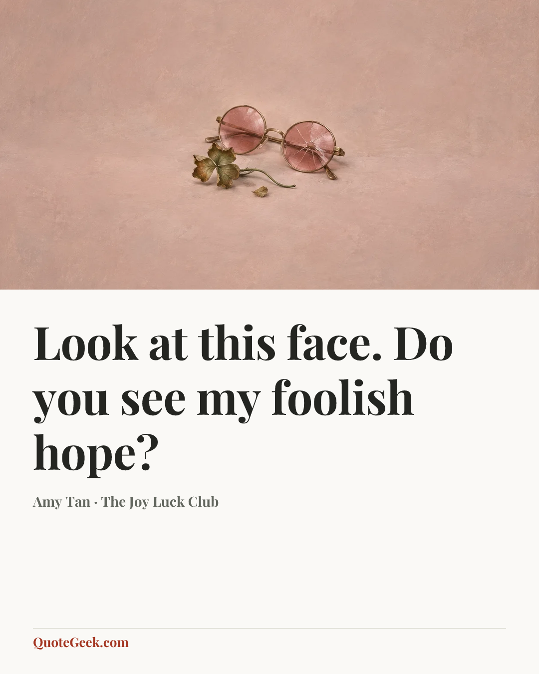 “Look at this face. Do you see my foolish hope?” — Amy Tan · The Joy Luck Club. Illustrated QuoteGeek card.