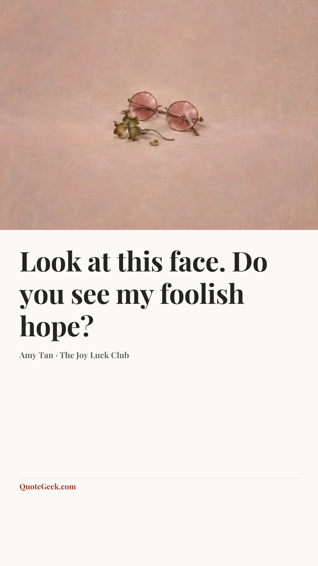 “Look at this face. Do you see my foolish hope?” — Amy Tan · The Joy Luck Club. Illustrated QuoteGeek card.