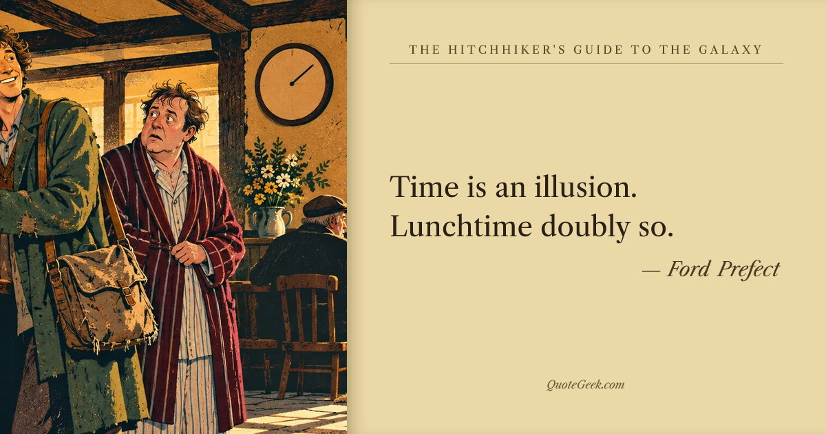 “Time is an illusion. Lunchtime doubly so.” — Ford Prefect · The Hitchhiker's Guide to the Galaxy. Illustrated QuoteGeek card.