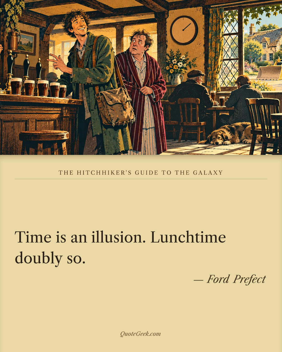 “Time is an illusion. Lunchtime doubly so.” — Ford Prefect · The Hitchhiker's Guide to the Galaxy. Illustrated QuoteGeek card.
