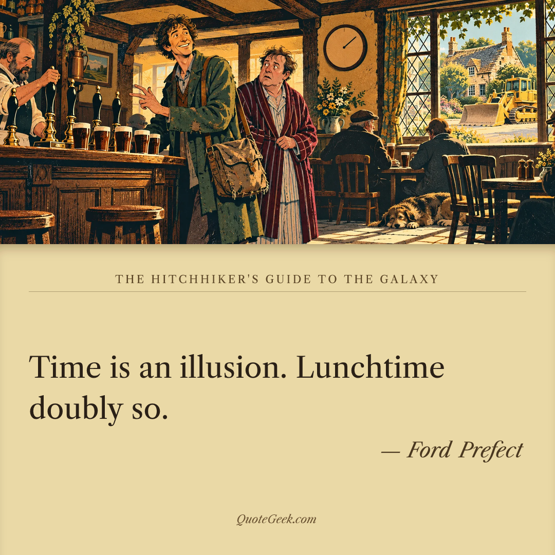 “Time is an illusion. Lunchtime doubly so.” — Ford Prefect · The Hitchhiker's Guide to the Galaxy. Illustrated QuoteGeek card.