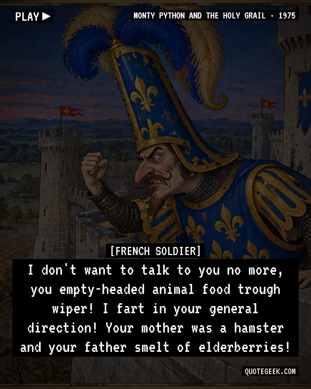 “I don't want to talk to you no more, you empty-headed animal food trough wiper! I fart in your general direction! Your mother was a hamster and your father smelt of elderberries!” — French Soldier · Monty Python and the Holy Grail. Illustrated QuoteGeek card.